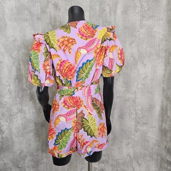 FARM Rio Lilac Beaks & Bananas Romper Puff Sleeve Belted M NWT - Picture 8 of 13